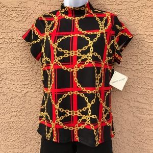 NWT Black and Red Top With Gold Chain Design